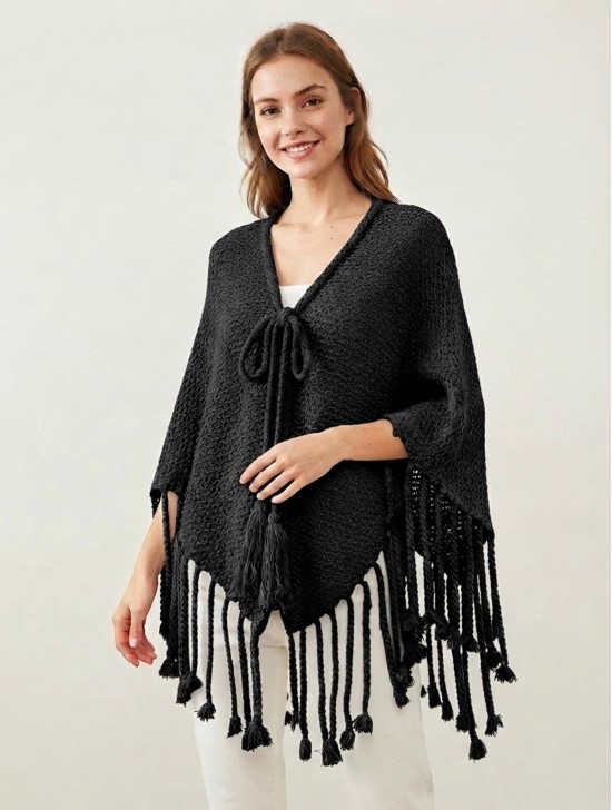 Cozy Poncho W/ Bow and Tassels Cozy Poncho W/ Bow and Tassels